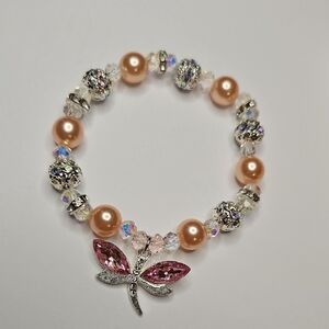 Beaded Dragonfly Rhinestone Bracelet Faux Pearl